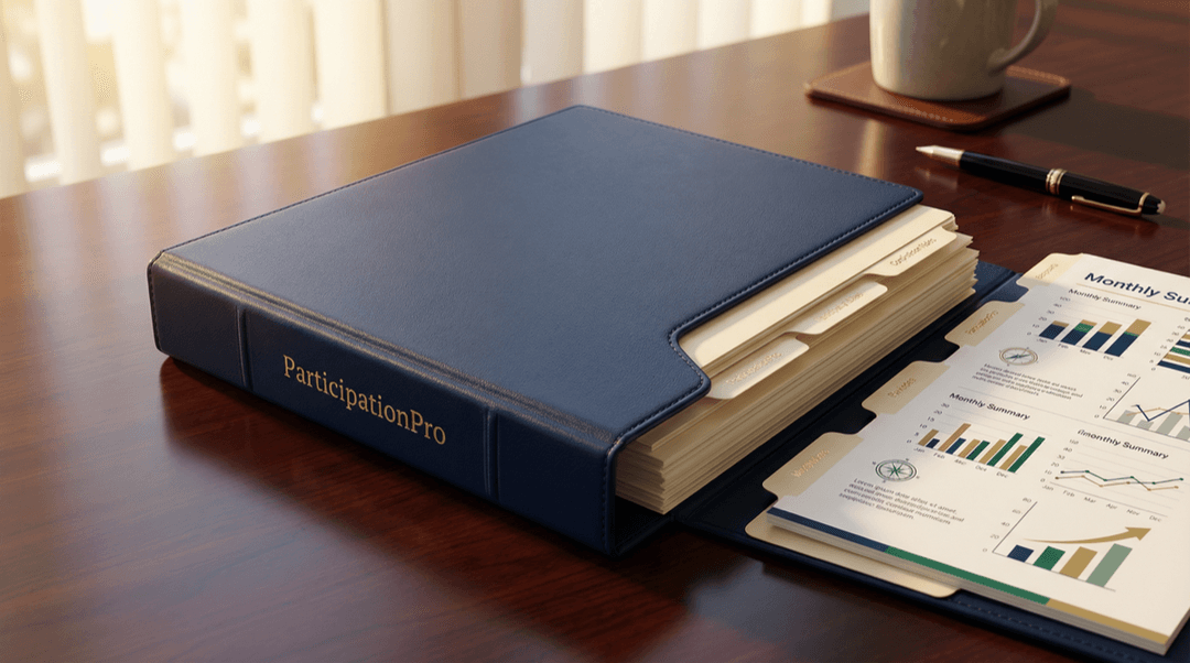 ParticipationPro branded compliance binder on executive desk with monthly summary documents