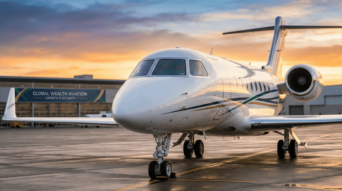 Private jet on tarmac at golden hour — CAVU Aircraft Group fractional jet ownership